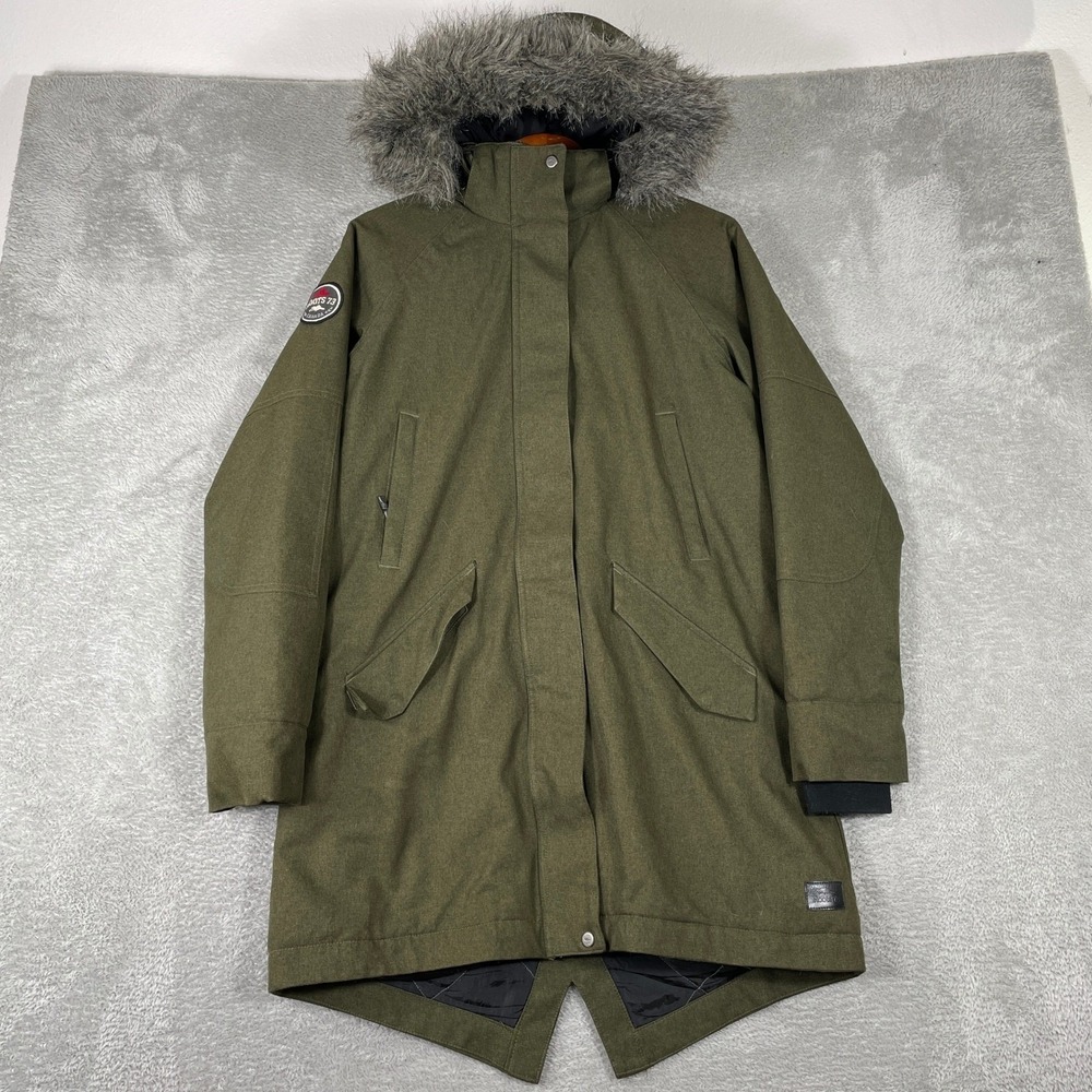 Roots 73 Parka Jacket Womens Medium Green Faux Fur Hood Quilted Lining